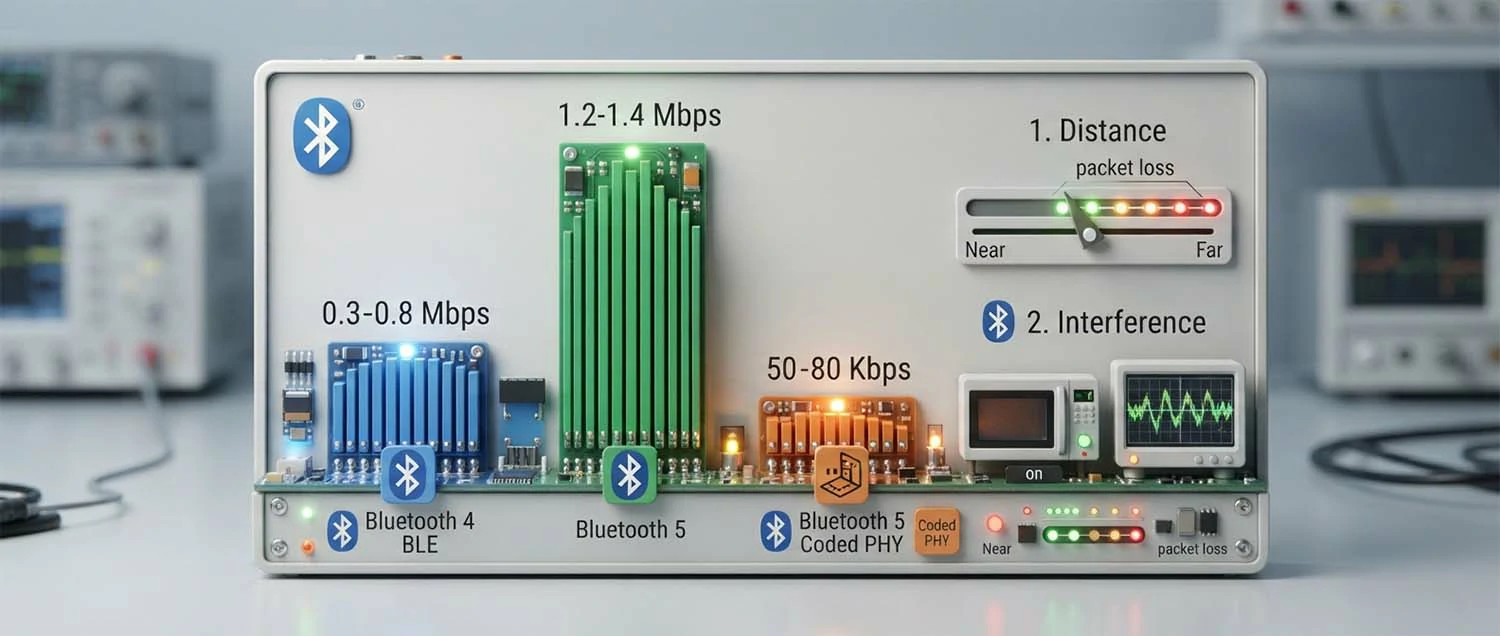 A real-world throughput comparison chart showing Bluetooth 4 BLE at 0.3-0.8 Mbps