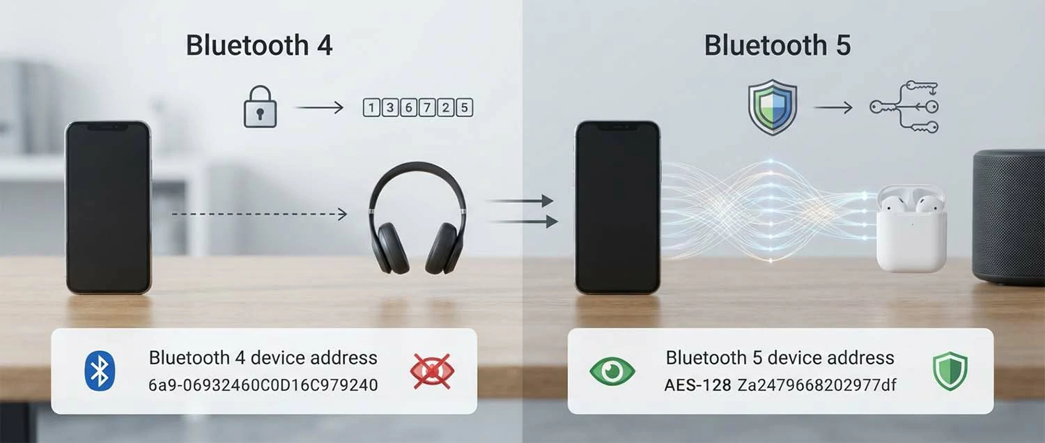 A security features diagram showing AES-128 encryption, pairing processes for both Bluetooth 4 and 5