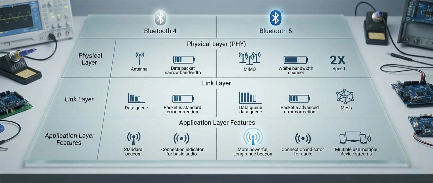 A side-by-side technical comparison table showing Bluetooth 4