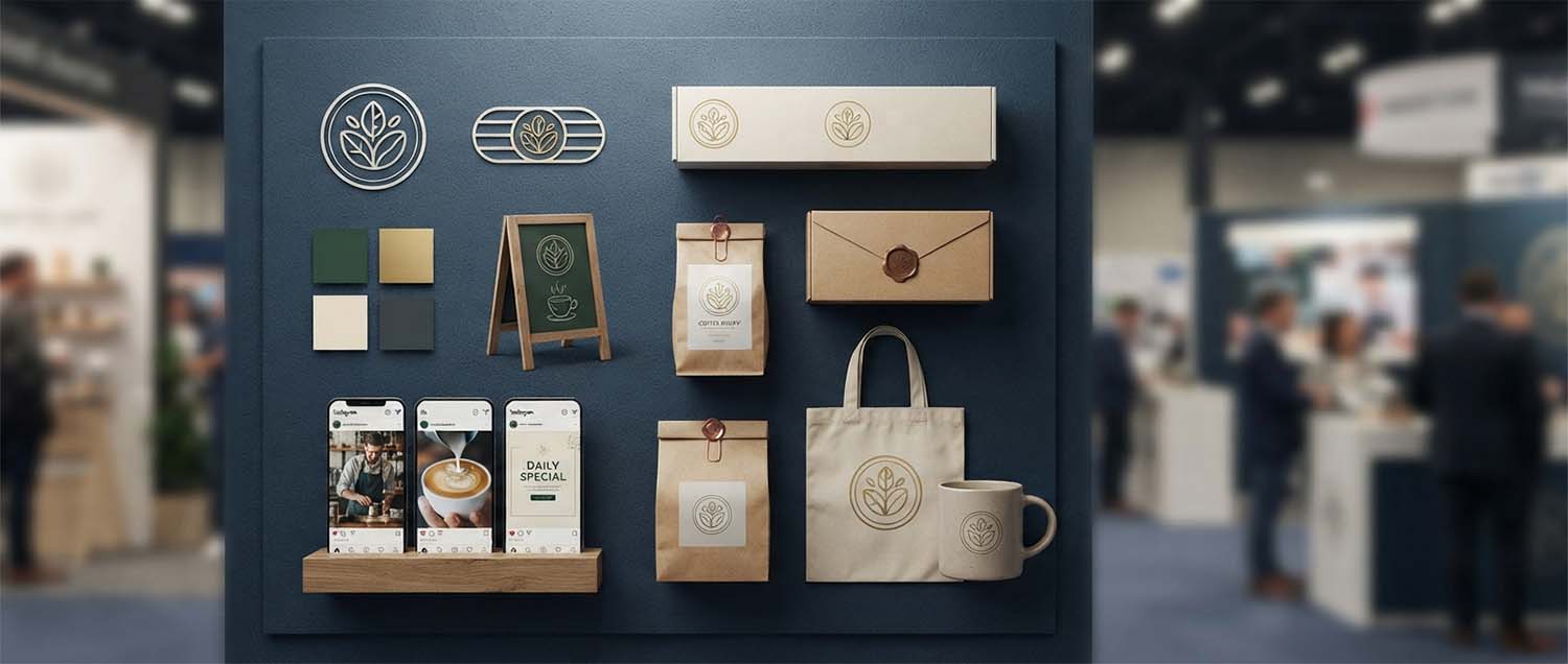 A small business brand identity showcase featuring a boutique coffee shop