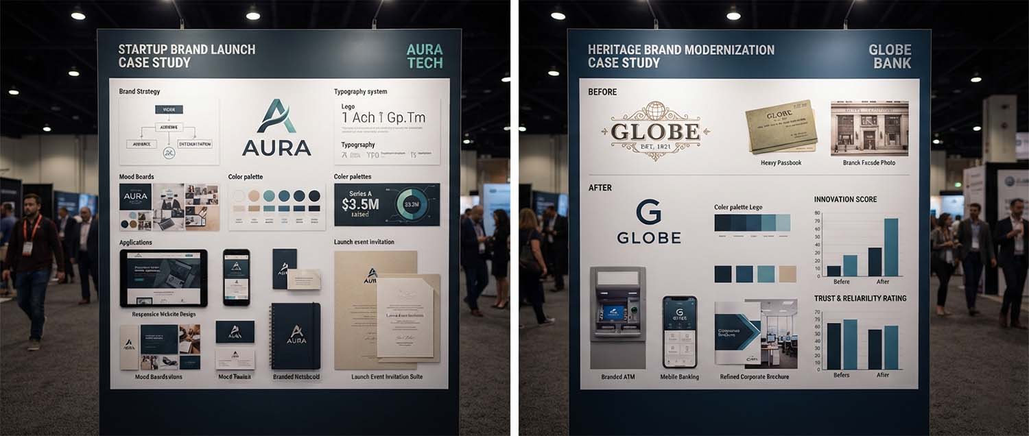A startup brand launch case study showing the complete brand identity
