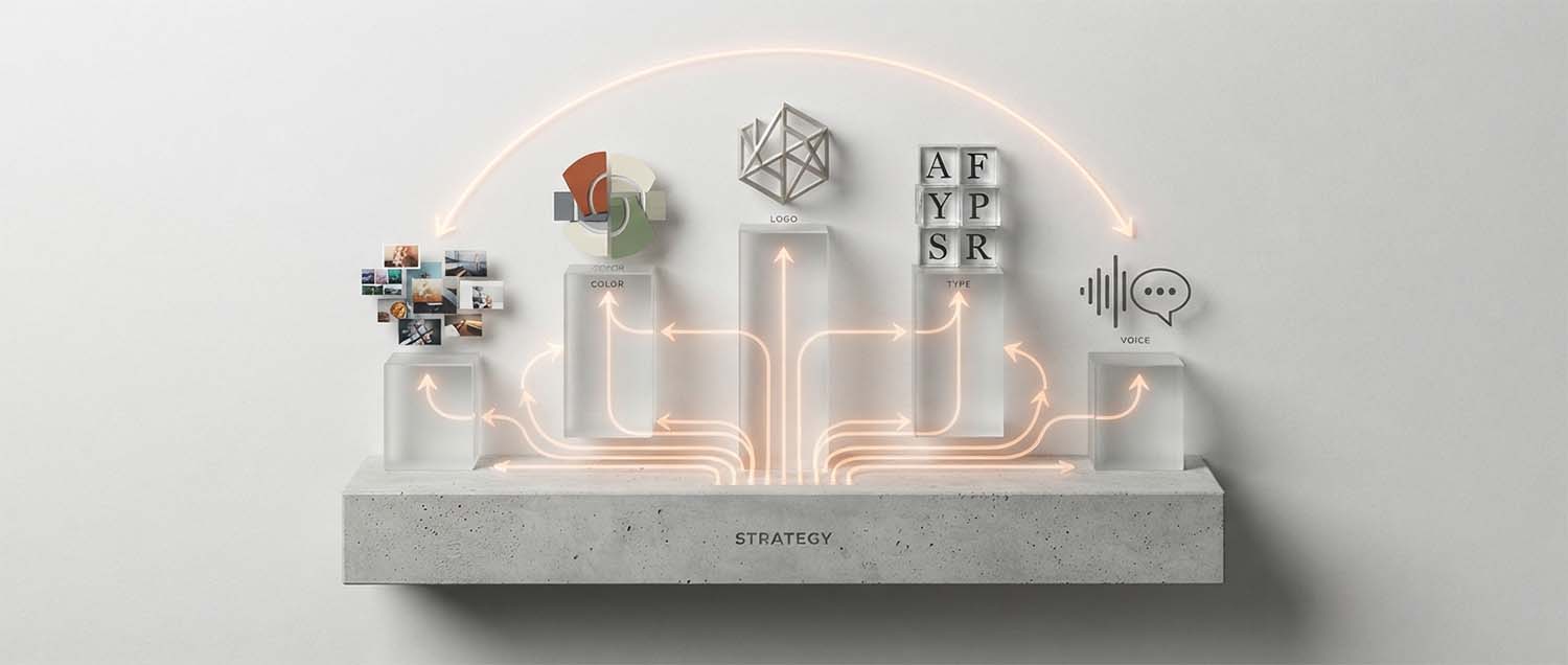 A visual diagram showing the relationship between brand strategy as the foundation and identity elements like logo