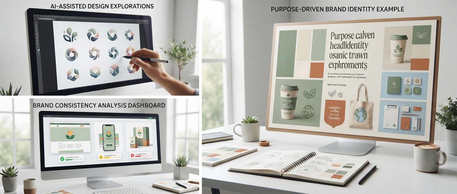 An AI-assisted brand identity design process showing generative design