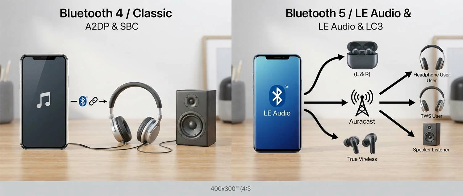 An audio comparison showing Bluetooth 4 with Classic A2DP and SBC codec
