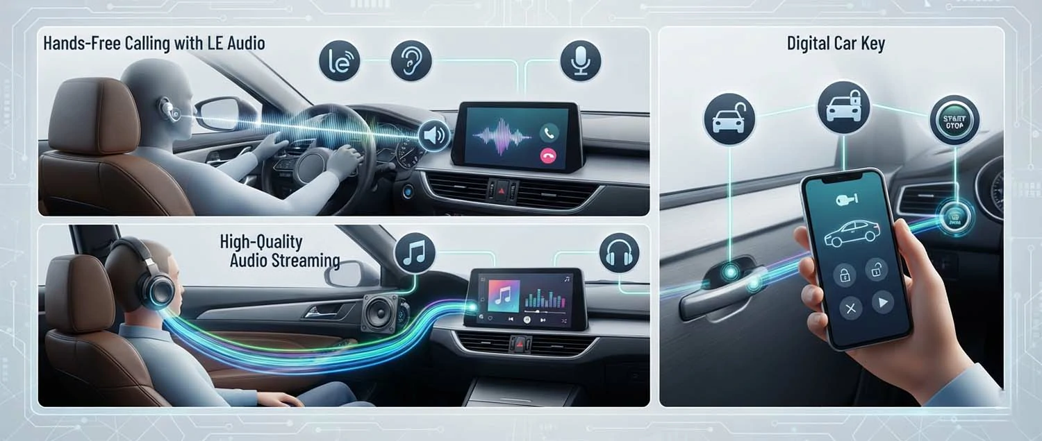 An automotive Bluetooth applications overview showing hands-free calling with LE Audio