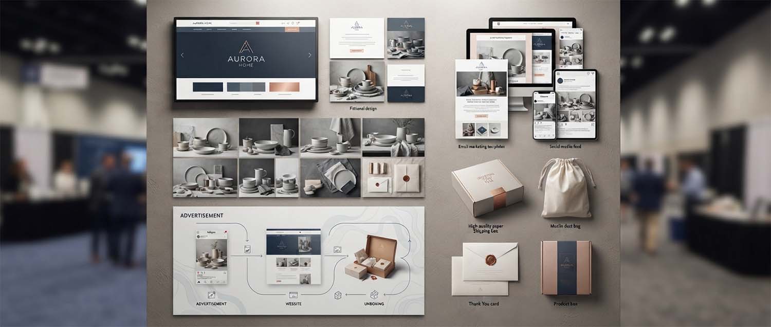 An e-commerce brand identity showcase featuring a digital storefront design