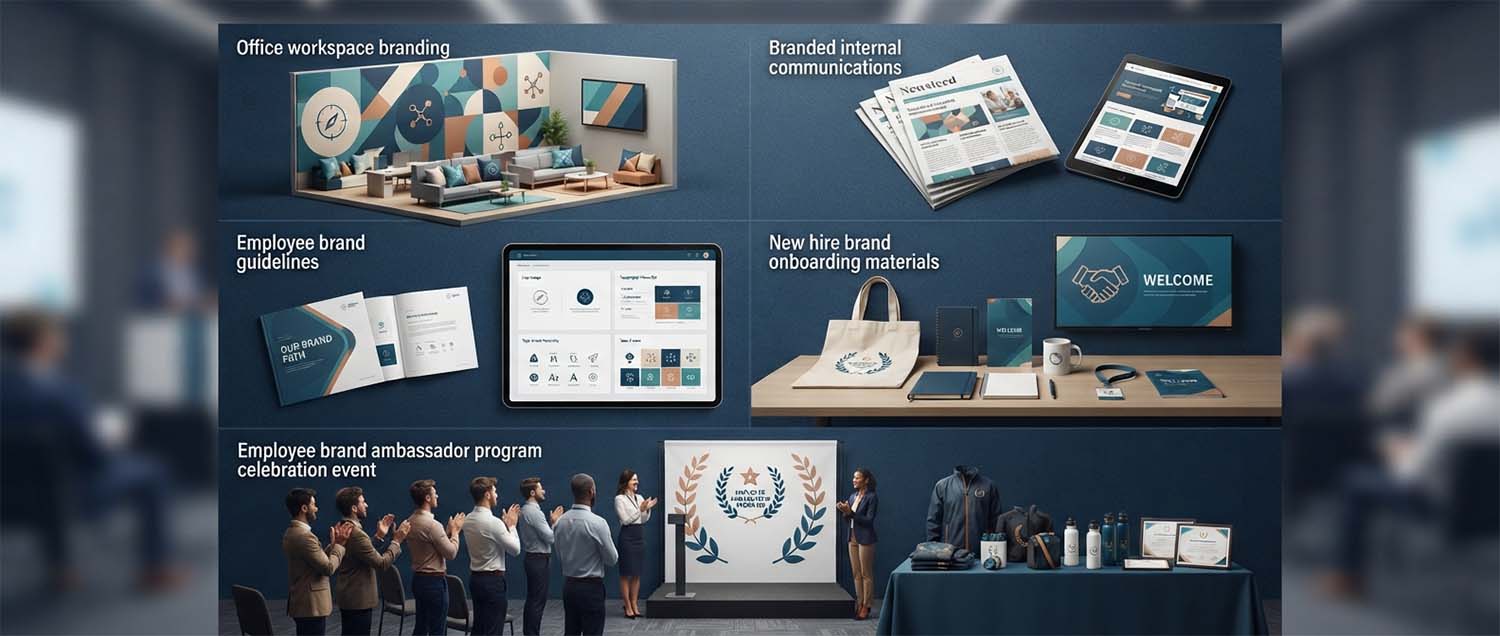 An internal brand identity showcase featuring office workspace branding