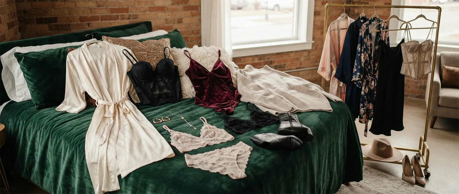 Beautiful collection of boudoir wardrobe pieces including lace lingerie