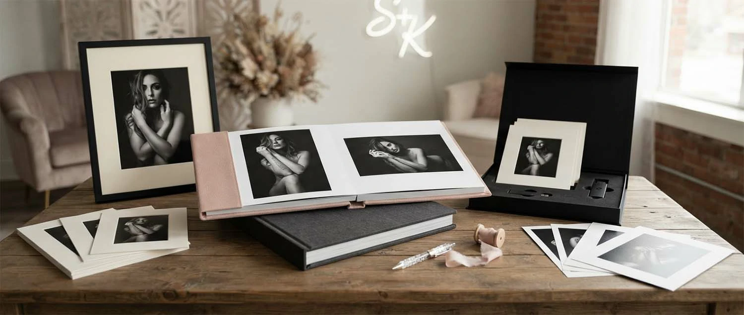 Boudoir photography album and product samples in a Spokane studio