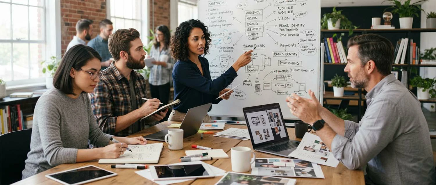Creative team at a branding digital agency working on brand strategy