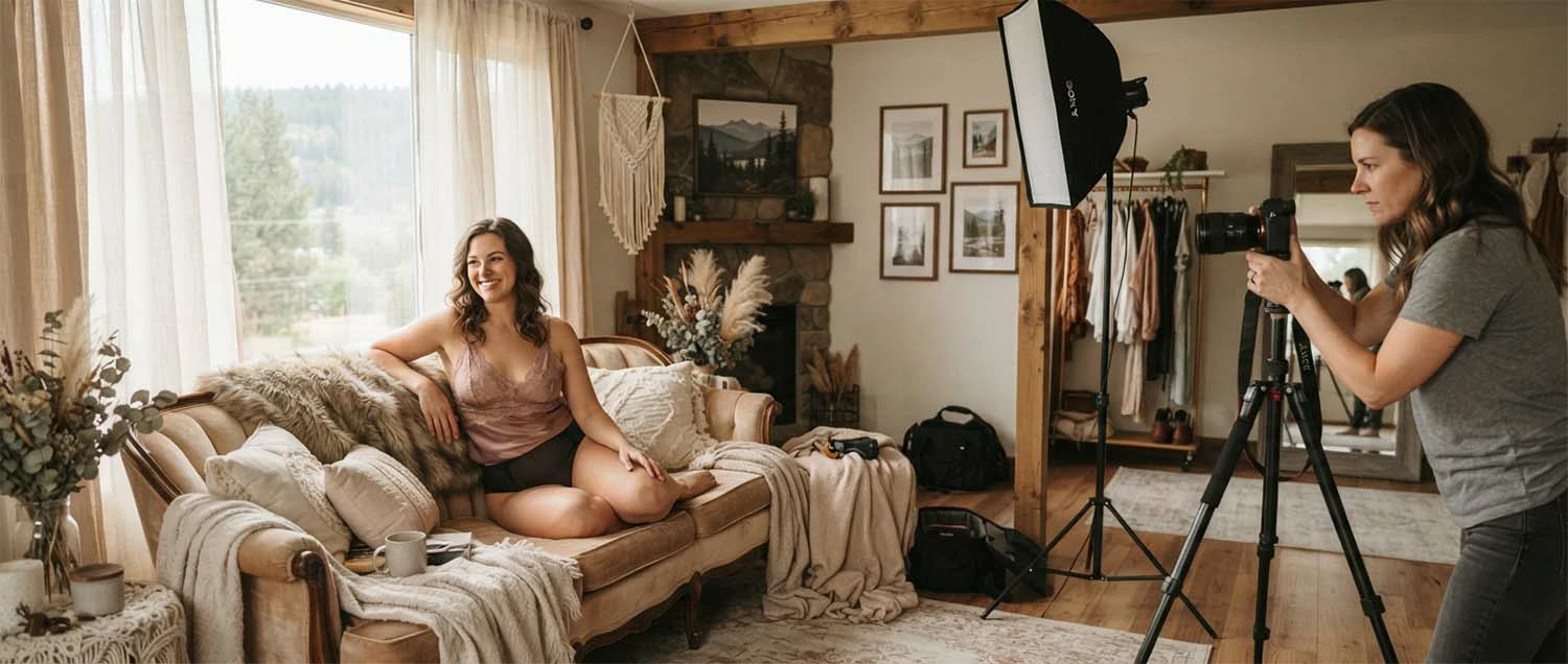 Elegant boudoir studio in Spokane with soft lighting, silk drapes