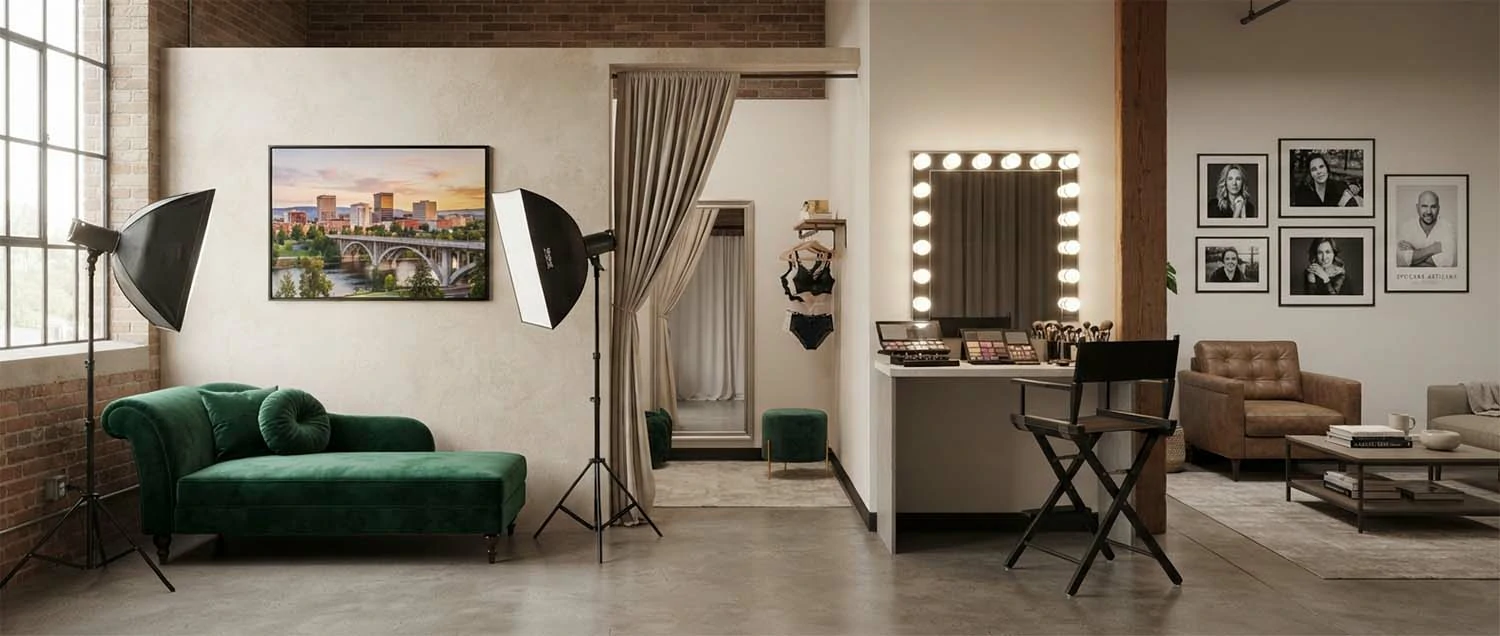 Professional boudoir studio space in Spokane showing shooting area with backdrops and lighting