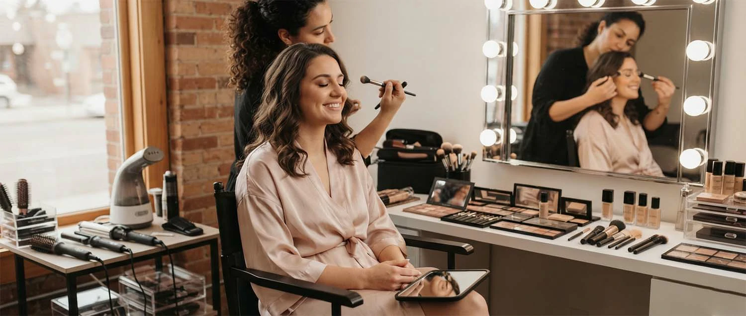 Professional hair and makeup artist at work on a boudoir client in Spokane