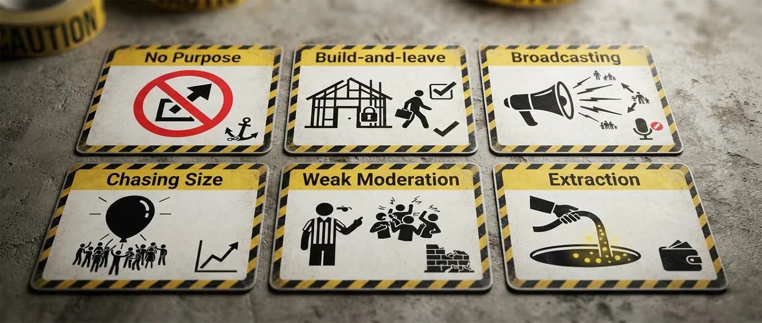 Six caution cards covering no purpose, build-and-leave, broadcasting