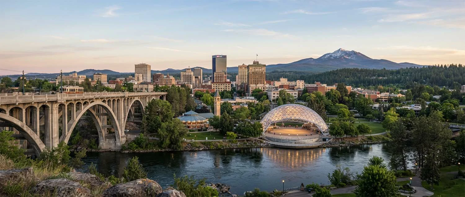 Spokane skyline and landmarks including Riverfront Park