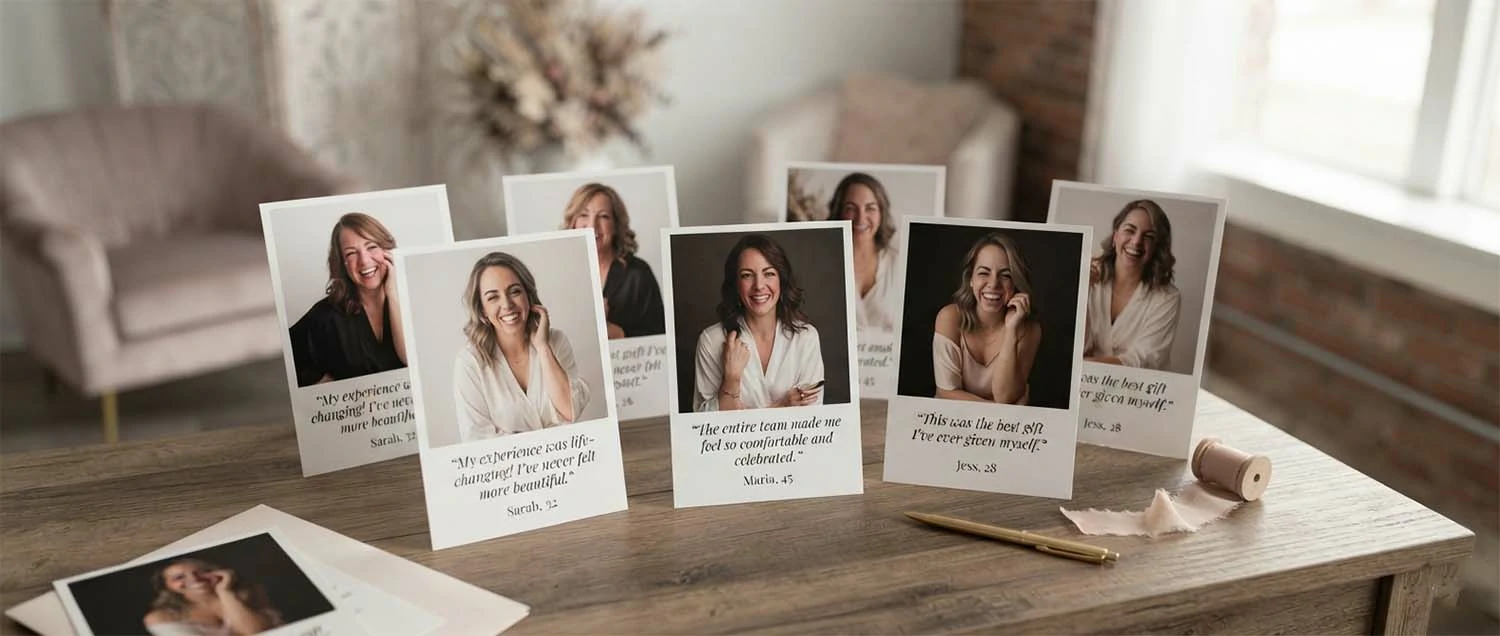 Testimonials and reviews from real Spokane boudoir clients displayed as quote cards with client photos