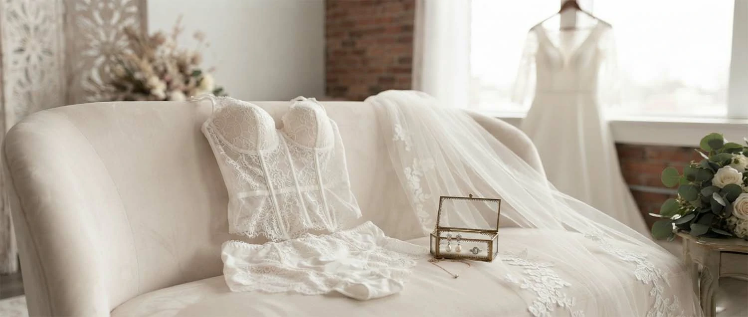 Wedding boudoir session preparation for a Spokane bride showing a white lace ensemble